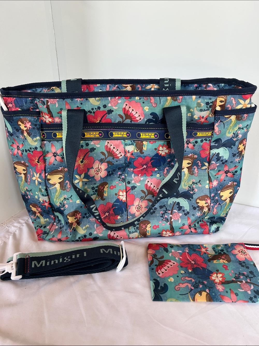 Mini girl  Floral Mermaid Tote Bag in Teal & Pink